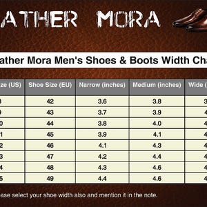 May include: A brown leather background with the text "LEATHER MORA" at the top. Below is a chart titled "Leather Mora Men's Shoes & Boots Width Chart" with shoe sizes in US and EU, and widths in inches.