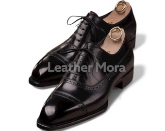 Scarpe Oxford nere da uomo fatte a mano – Eleganti brogue in pelle con punta a mandorla, calzature eleganti e da lavoro per ufficio ed eventi