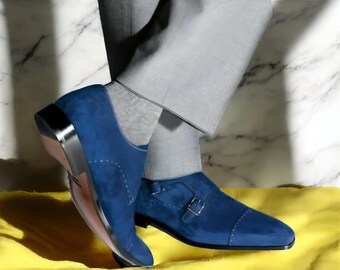 Scarpe Monk Strap in pelle scamosciata fatte a mano: scarpe formali in pelle blu reale