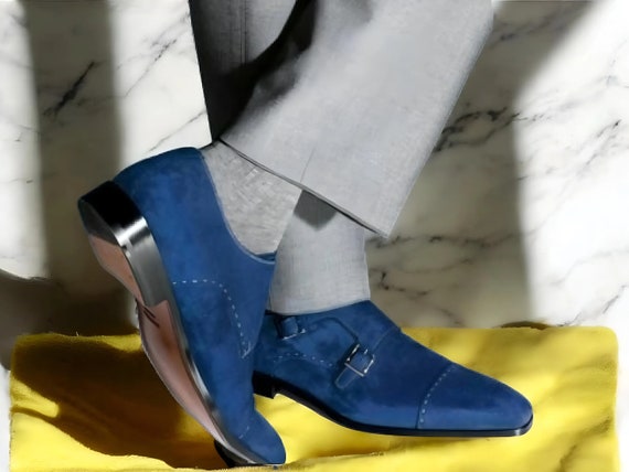 Handmade Suede Monk Strap Shoes: Royal Blue Leather Formal Shoes