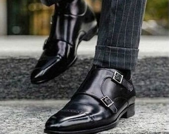 High quality shoes Handmade Black Leather Double Buckle Monk Strap Dress boot for Men