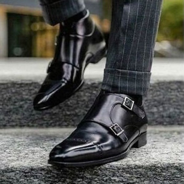 High quality shoes Handmade Black Leather Double Buckle Monk Strap Dress boot for Men