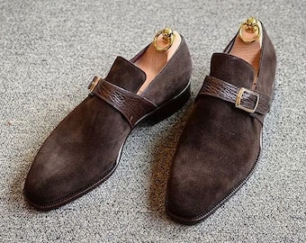 Men’s Handmade single monk brown suede leather shoe