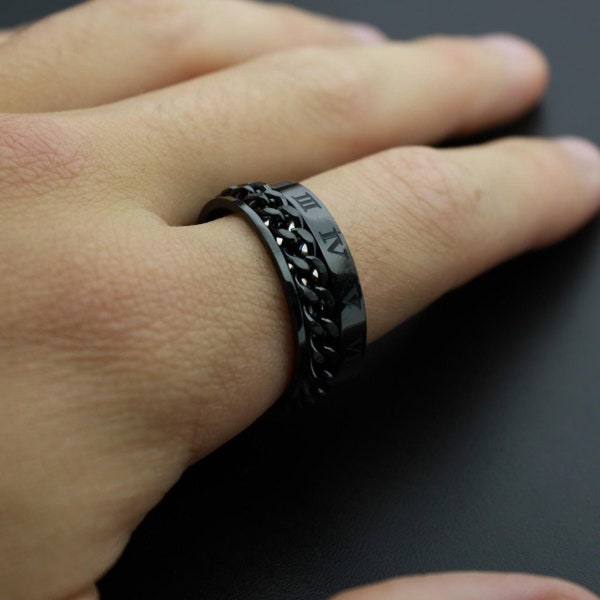 Black Chain Ring - Chain Spinner Ring - Fidget Ring - Zwarte RVS Ring - Stapelbare Ring - Glanzende Meditatie Ring - Angst Ring