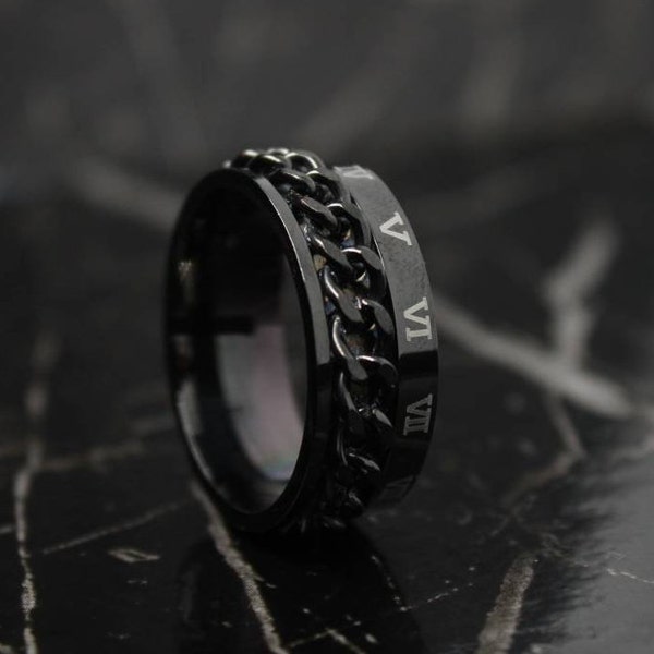 Black Chain Ring - Chain Spinner Ring - Fidget Ring - Zwarte RVS Ring - Stapelbare Ring - Glanzende Meditatie Ring - Angst Ring