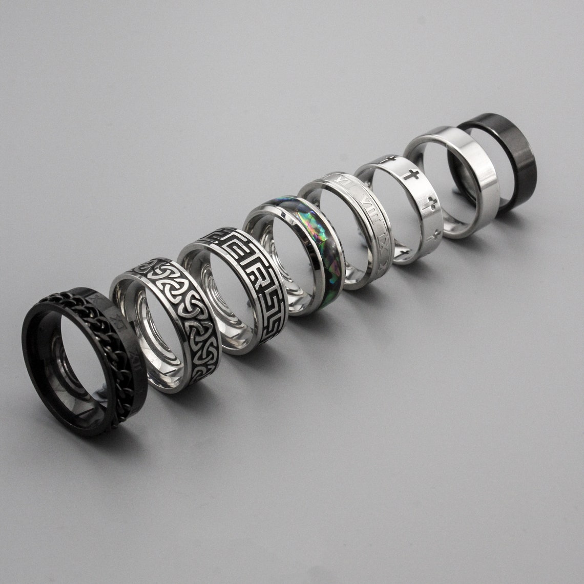 Men’s Stainless Steel Band Rings – Stylish Silver & Black Unisex Set ...