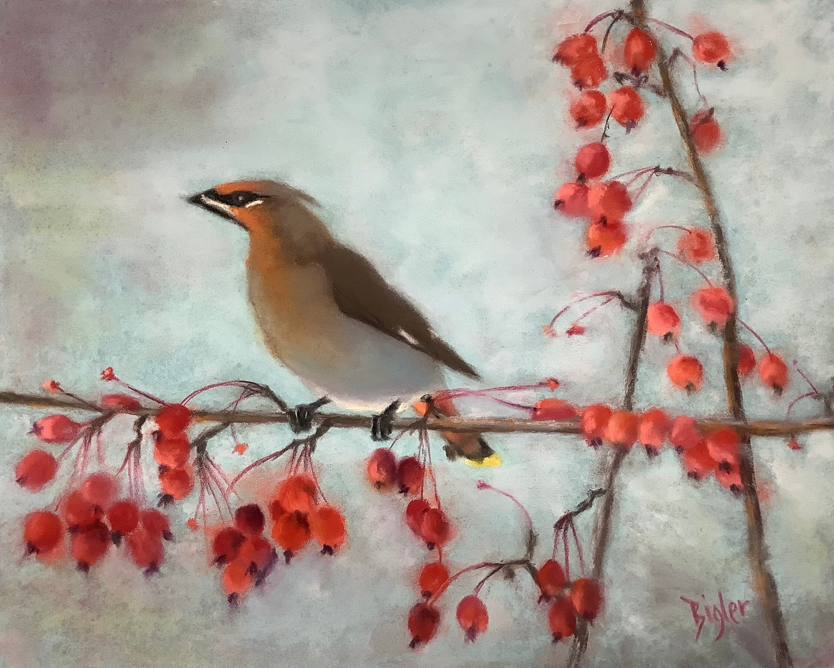Original Pastel Painting / Bird With Red Berries Etsy