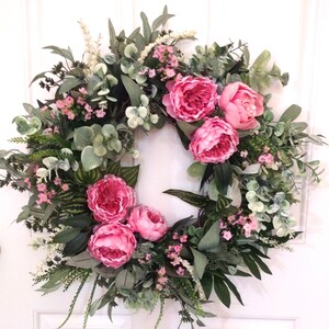 Spring Peony Wreath, Pink Floral Wreath, Wreath for Front Door, Farmhouse Wreath, Summer Cottage Wreath