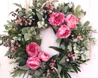 Spring Peony Wreath, Pink Floral Wreath, Wreath for Front Door, Farmhouse Wreath, Summer Cottage Wreath