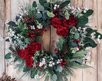 Christmas Pine Wreath: Red Peonies, Berries and Winter Foliage