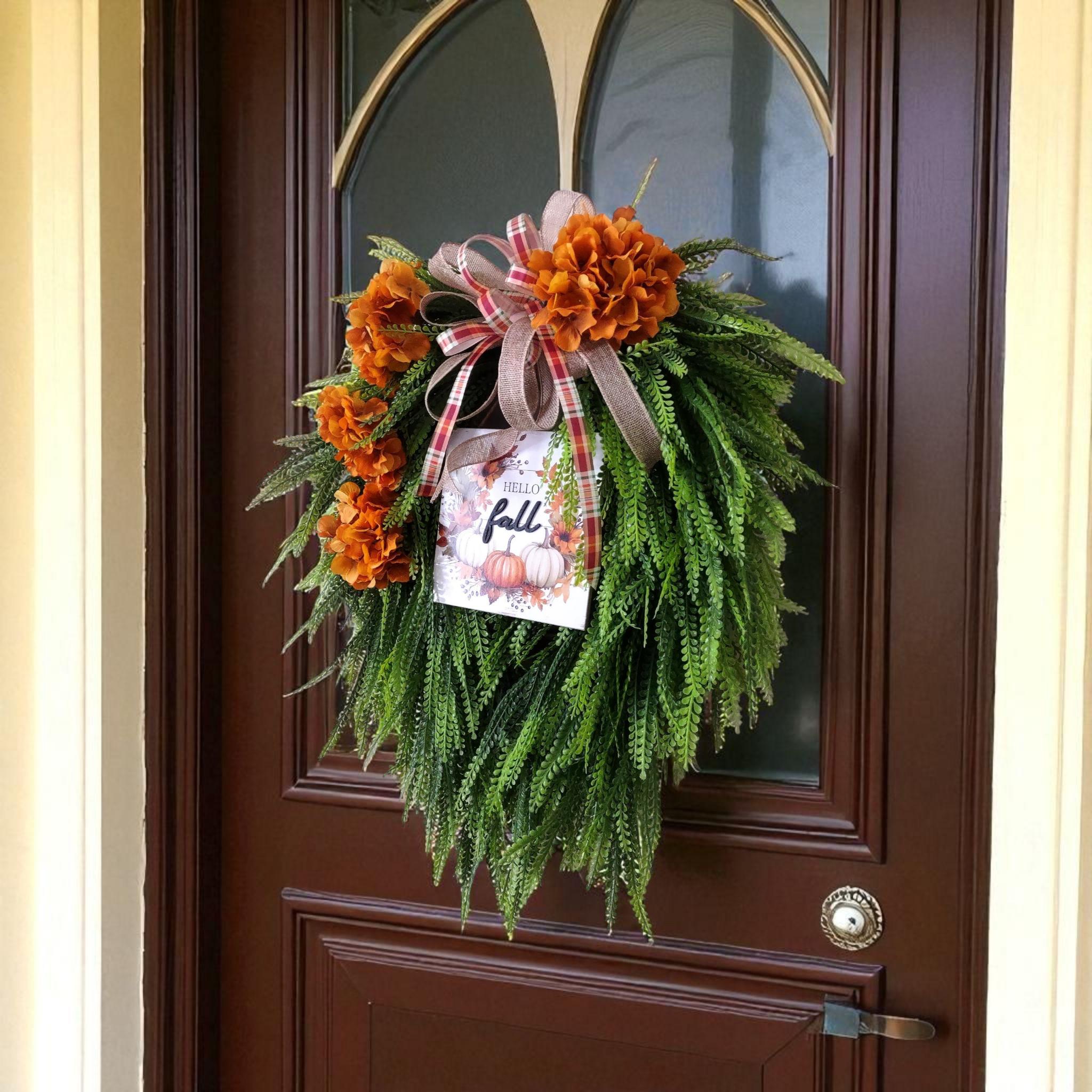 Rustic Fall Hydrangea Wreath with Hello Sign, Autumn floral Wreath for Front Door, Farmhouse Wreath, Holiday Decor, Thanksgiving Wreath