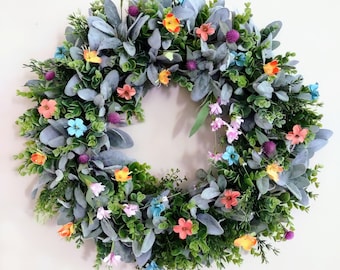 Lambs Ear Wreath with Florals, Front Door Wreath, Spring Floral Wreath, Farmhouse Wreath, Lambs Ear and Eucalyptus Wreath