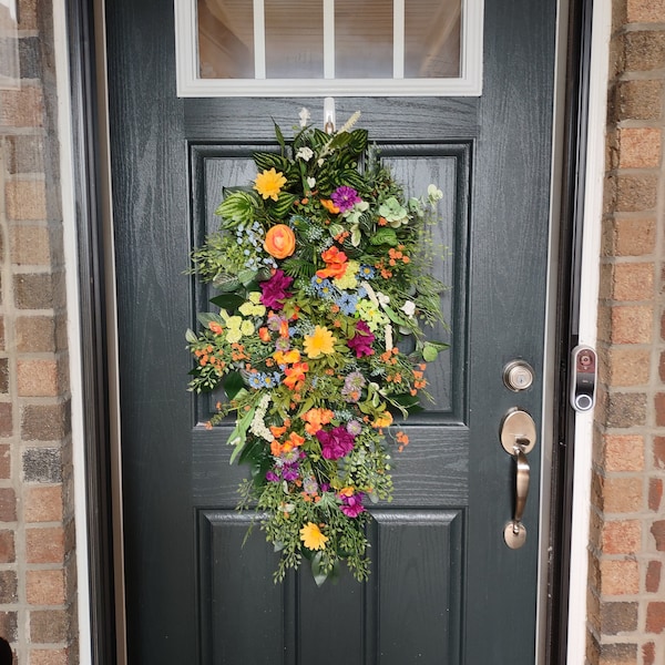 Large Summer Teardrop Swag, Wreath for Front Door, Farmhouse Swag, Everyday Wreath, Mother's Day Gift, Summer Floral Swag