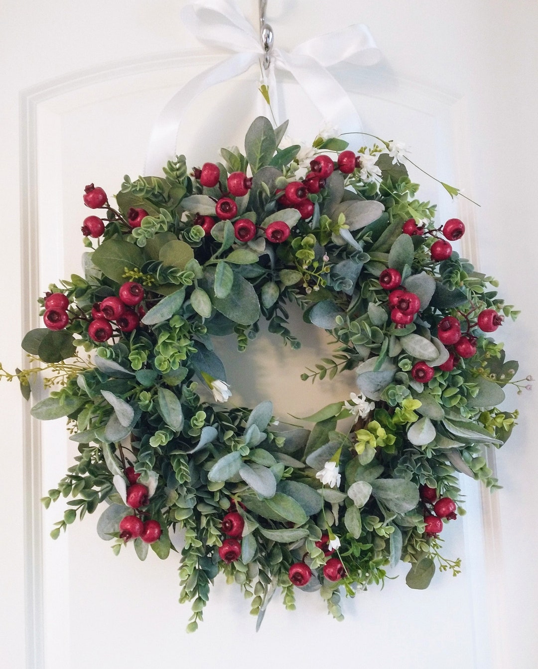 Christmas Lambs Ear Wreath With Red Berries, Lambs Ear and Eucalyptus ...