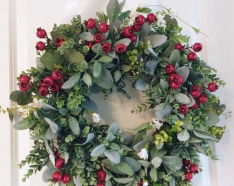 Christmas Lambs Ear Wreath with Red Berries, Lambs Ear and Eucalyptus Wreath, Red Berry Wreath, Christmas Cottage Wreath