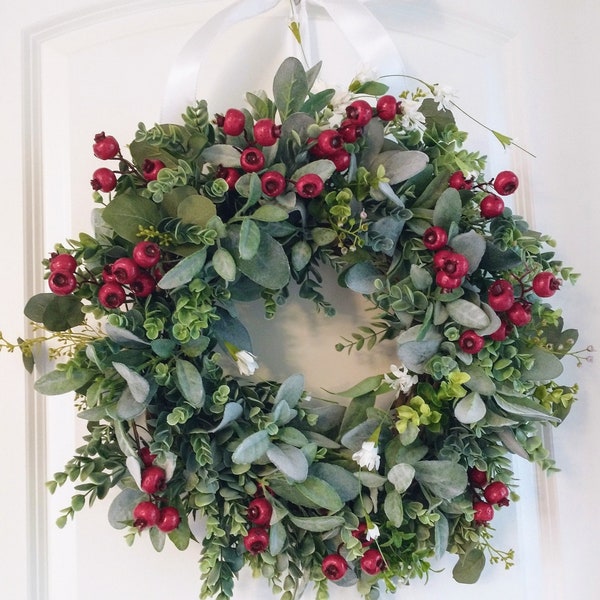 Christmas Lambs Ear Wreath with Red Berries, Lambs Ear and Eucalyptus Wreath, Red Berry Wreath, Christmas Cottage Wreath