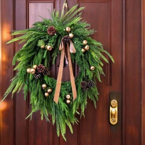 Norfolk Pine & Cedar Christmas Wreath: Gold Berries, Velvet Bow