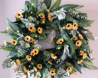 Summer Sunflower Wreath, Front Door Wreath, Farmhouse Wreath, Spring Floral Wreath, Sunflower and Eucalyptus Wreath