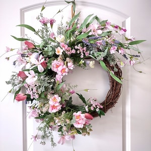 Pink Floral Wreath, Spring Wreath, Wreath for Front Door, French Countryside Wreath, Farmhouse Wreath, Summer Wreath