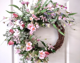 Pink Floral Wreath, Summer Wreath, Mother's Day Wreath, Wreath for Front Door, French Countryside Wreath, Farmhouse Wreath,