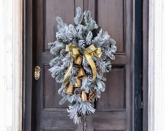 Frosted Christmas Teardrop Swag: Bells & Pinecones - Farmhouse Holiday Decor