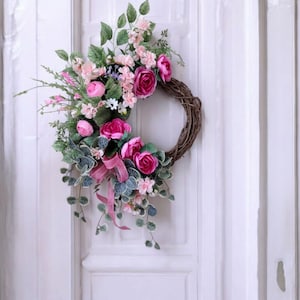 Summer Floral Wreath for Front Door, Mother&#39;s Day Wreath, Wall Art, Gifts for Her, Pink Farmhouse Wreath, Home Decor