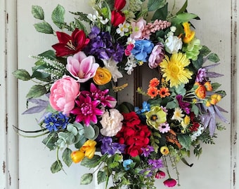 Rainbow Floral Wreath, Summer Door Decor, Mixed Bloom Wreath