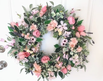 Pink Summer Floral Wreath, Wreath for Front Door, Farmhouse Wreath, All Occasion Wreath, Mixed Floral Wreath
