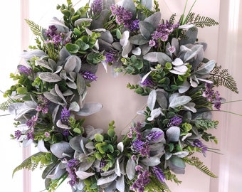 Lambs Ear with Lilac Thistle and Queen Anne's Lace, Lavender Lambs Ear Wreath, Wreath for Front Door, Spring Wreath