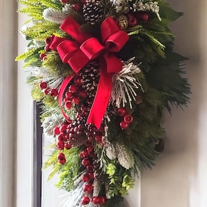 Red Berry Christmas Teardrop Swag: Rustic Farmhouse Holiday Decor, Front Door Swag, Gifts for Her, Winter Teardro Swag