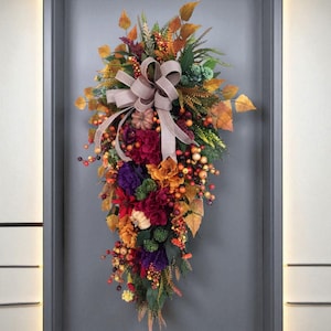 X-Large Fall Berry and Hydrangea Swag, Fall Teardrop Swag, Autumn Wreath for Front Door, Thanksgiving Swag, Holiday Decor, Farmhouse Swag