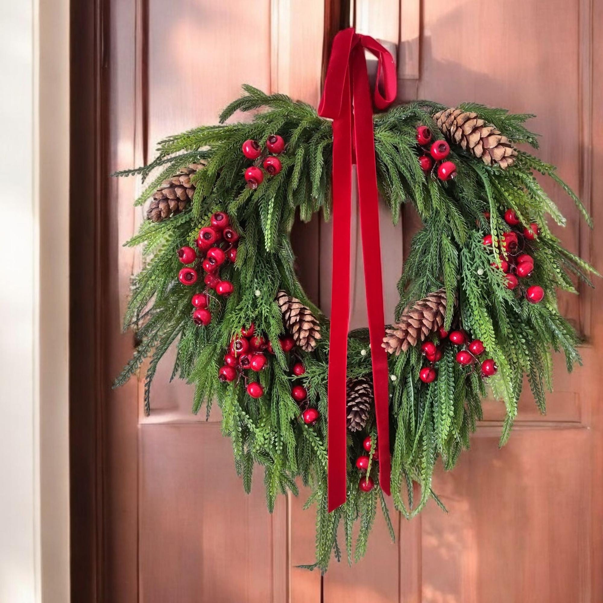 Cascading Christmas Wreath: Norfolk Pine, Red Berries & Pinecones