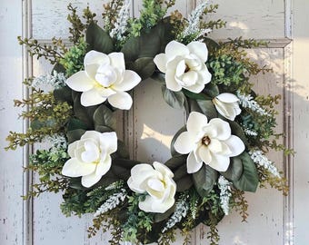 White Magnolia Wreath, Neutral Greenery Wreath, Front Door Decor, Gifts for Her