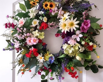 Summer Floral Wreath, Rainbow Wreath, Wreath for Front Door, Mixed Floral Wreath, Colorful Summer Wreath