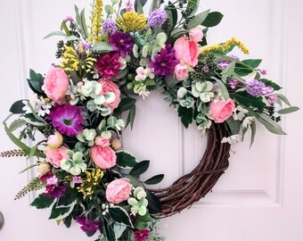 Summer Floral Wreath, Mother's Day Wreath, Countryside Wreath, Farmhouse Wreath, Front Door Wreath, Everyday Wreath