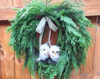 Juniper and Cedar Wreath with baby Owls, Front Door Wreath, Winter Wreath, Rustic Wreath with Owls, Farmhouse Wreath
