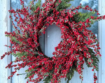 Red Berry Christmas Wreath, Festive Holiday Front Door Wreath, Indoor Outdoor Farmhouse Decor