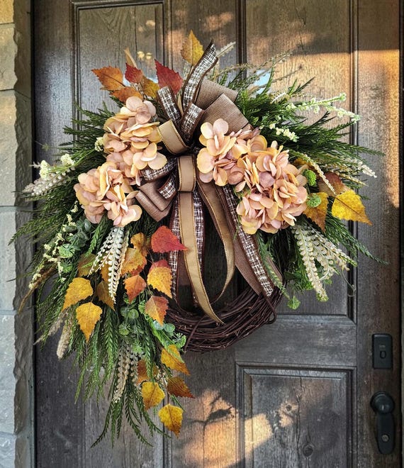 Neutral Fall Hydrangea Wreath, Beige Autumn Door Decor, Farmhouse Floral Wreath, Thanksgiving Accent
