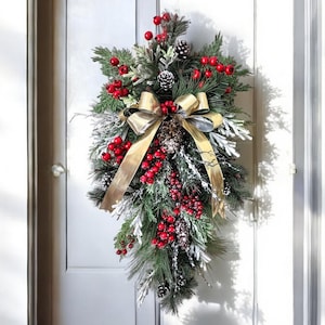 Red Berry Christmas Teardrop Swag, Front Door Decor, Holiday Gifts, Rustic Farmhouse Swag, Classic Christmas Wreath