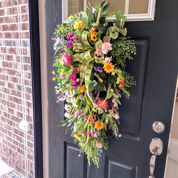 XL Spring/Summer Teardrop Swag, Swag Wreath for Front Door, Floral Swag Wreath, Everday Swag Wreath, Mother's Day Wreath