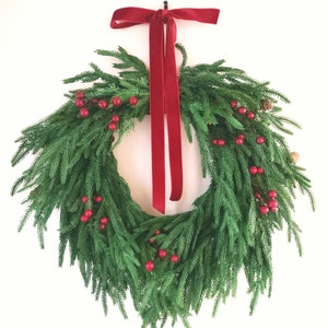 Norfolk Pine Christmas Wreath, Real Touch Christmas Wreath, Front Door Wreath with Red Berries, Holiday Decor