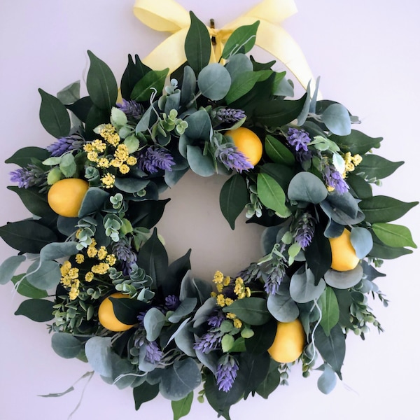 Lemon Wreath with Lavender, Summer Lemon Wreath, Wreath for Front Door, Farmhouse Wreath, Lemon and Lavender Wreath