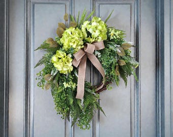 Hydrangea Wreath, Eucalyptus Fern Grapevine, Farmhouse Style