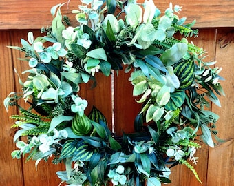 Neutral Spring Wreath for Front Door, Mixed Greenery Wreath, Farmhouse Wreath, Front Door Wreath, Spring Eucalyptus Wreath