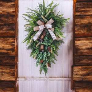 Rustic Fall Door Swag with Large Bells, Farmhouse Style Teardrop Swag, Front Door Wreath, Holiday Decor, Neutral Door Swag with Pinecones