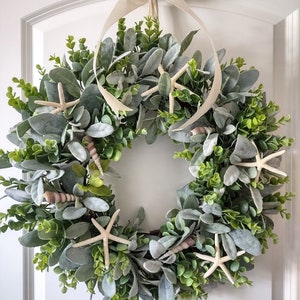 Nautical Wreath for Front Door, Starfish and Seashell Wreath, Coastal Wreath, Beach Wreath, Spring Wreath, Lambs Ear Wreath