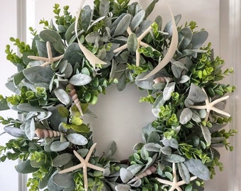 Nautical Wreath for Front Door, Starfish and Seashell Wreath, Coastal Wreath, Beach Wreath, Spring Wreath, Lambs Ear Wreath