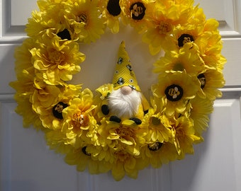 Gnome Wreath, Bumblebee Wreath, Sunflower Wreath, Yellow Flowers Wreath, Spring Wreath