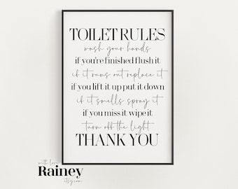 Toilet Rules Bathroom Print, Bathroom Prints, Bathroom Home Decor, Toilet Prints, Bathroom Accessories, Black & White Prints, Bathroom Art