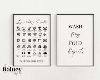 Laundry Guide Print Set of 2, Wash Dry Fold Print, Laundry Prints, Utility Room Print, Wall Art Print, Kitchen Print, Black & White Print,